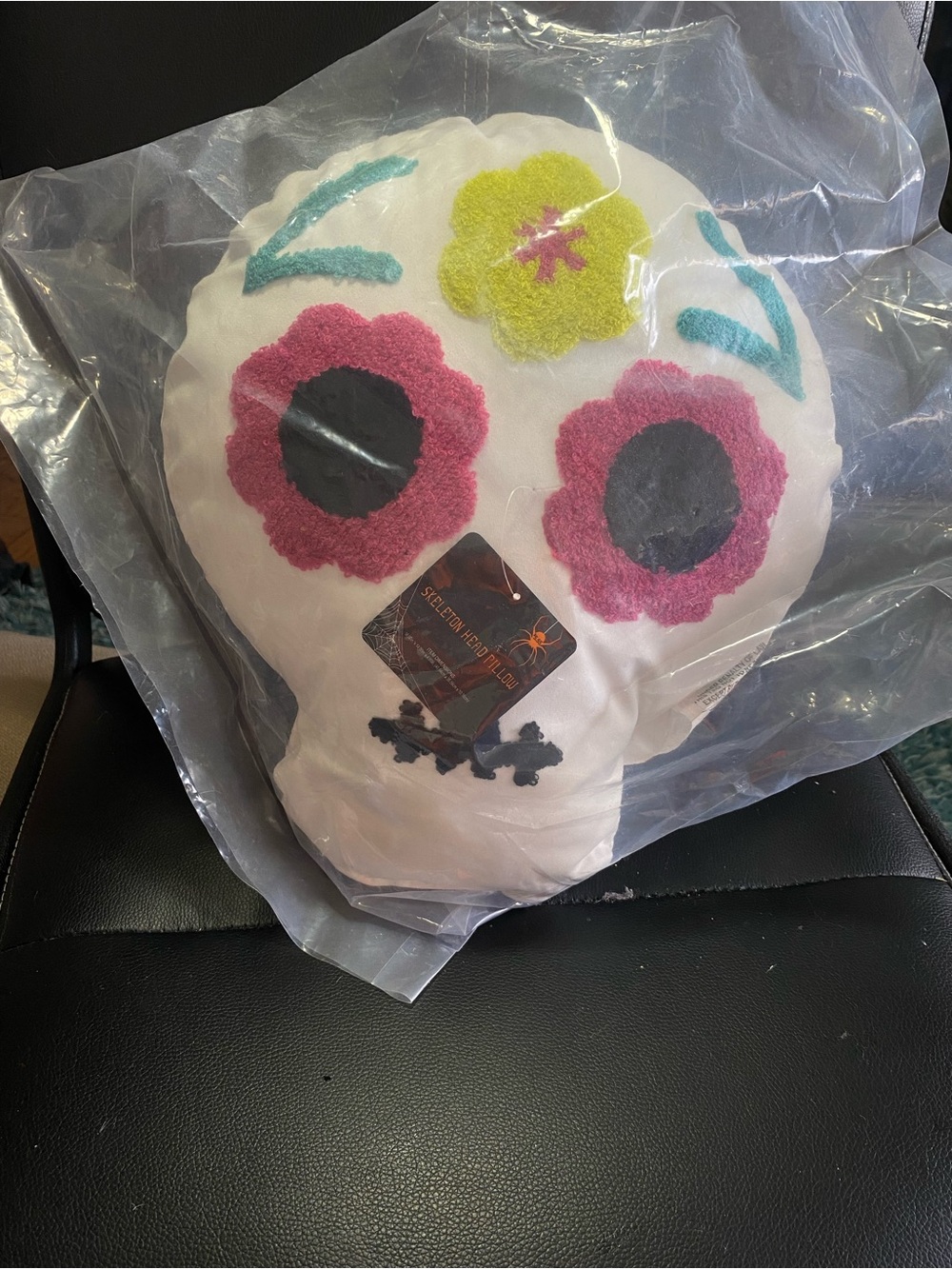 NWT🎉  White Sugar Skull Pillow with Pink and Yellow Floral Accents Halloween